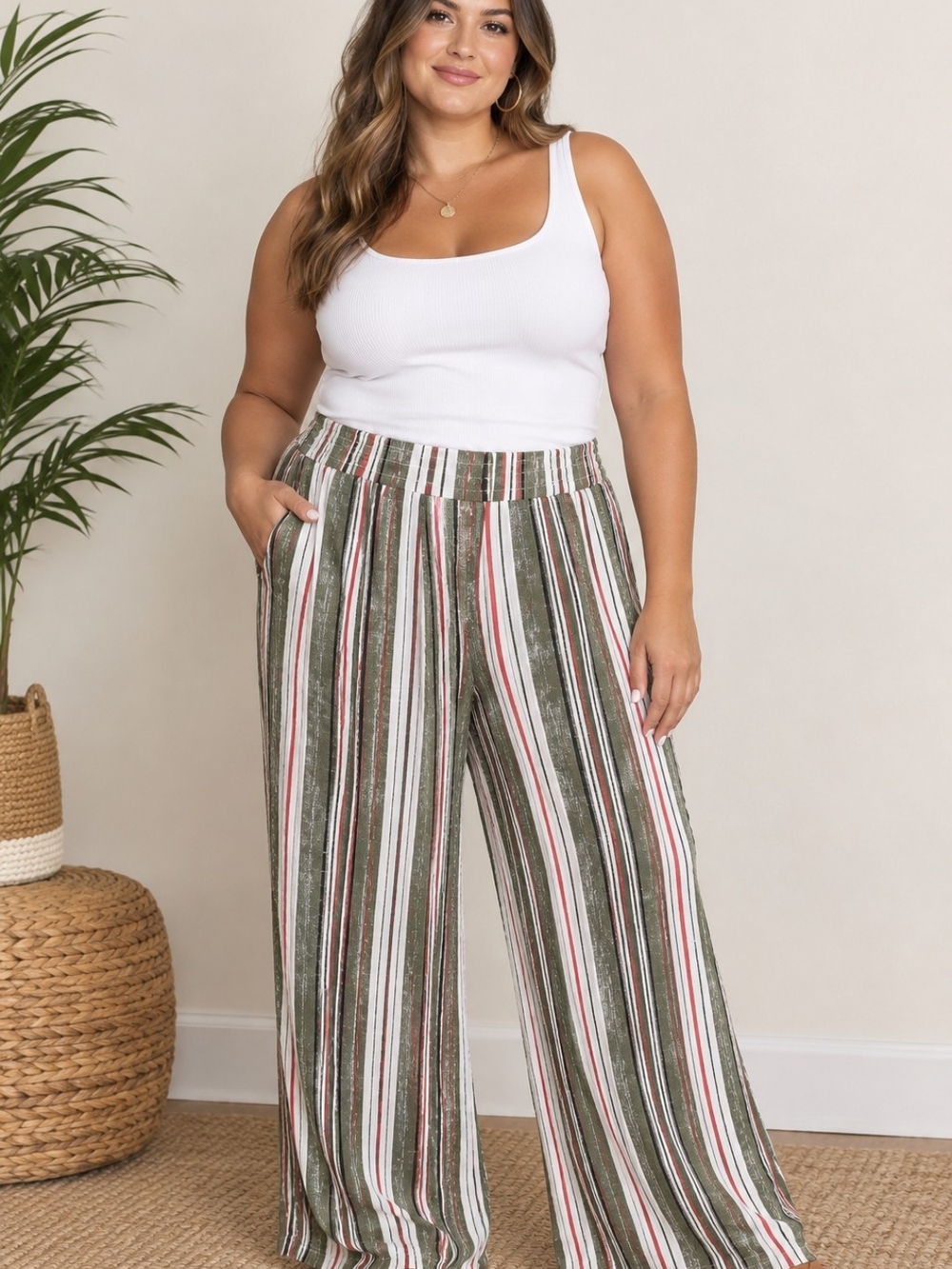 AGB Olive, White & Pink Striped Wide-Leg Pants